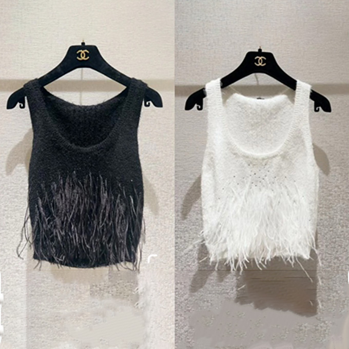 chanel rhinestone feather fringe scoop neck sleeveless knit tank top